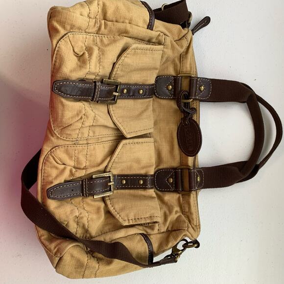 Fossil Canvas Satchel Tote Tan Brown Faux Leather Trim - Picture 14 of 16